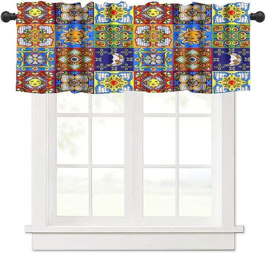 Mexico Fiesta Valance Curtains Mexican Fiesta Cinco De Mayo Ceramic Tiles Rustic Pattern Window Treatment Valances Short Curtains Rod Pocket Drape for Dining Room Home Kitchen Decor, 54x18inch