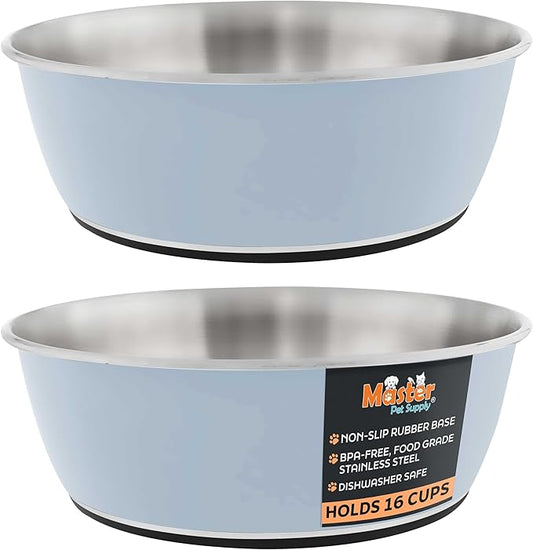 Master Pet Supply Stainless Steel Dog Bowls Set of 2 (128 Oz Each) with Non-Slip Rubber Base - Glacier Blue - Basic Dog Food Bowl Water & Food Bowls for Small Medium Large Dogs & Cats, Metal Dish