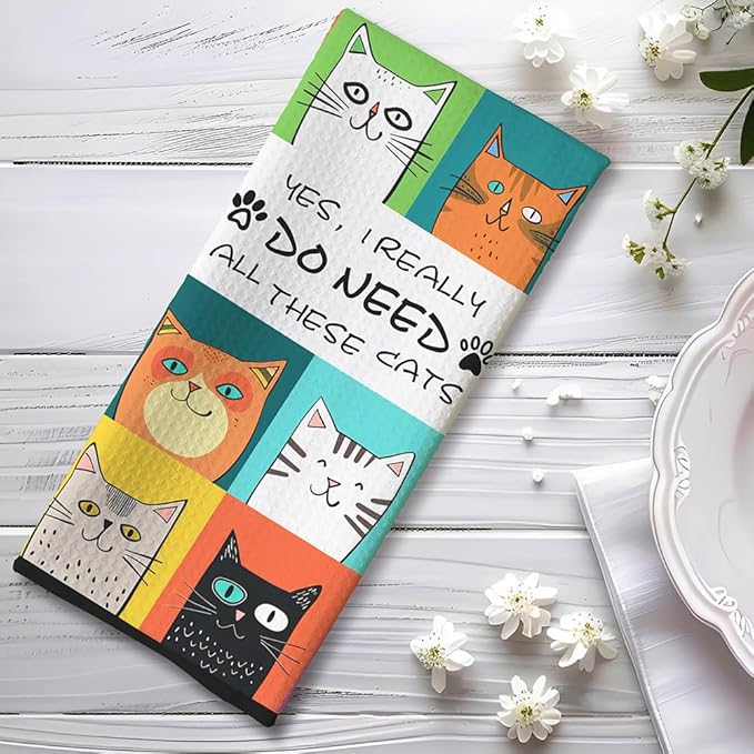 Cat Kitchen Towels - Quick-Dry Grid of Adorable Feline Cubby Art with Proud Collection Declaration, Decorative Dish Towel for Cat Lady Essentials & Whimsical Pet Mom Gifts | Humorous Hand Cloth