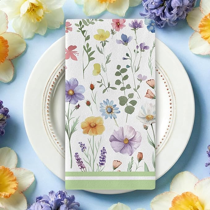 Spring Summer Floral Kitchen Dish Towels Set of 2, Green Floral Home Sweet Home Drying Hand Towel Baking Cooking Cloth, Wildflower Mason Jar Family Bathroom Decoration 18'' x 26''