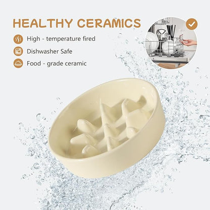 Ceramic 0.9 Cup Raised Slow Feeder Dog Bowl Set, Elevated 6.1inch Slow Dish and 6.1inch Water Bowl with Wooden Stand for Small Dogs (2 x Beige+ Stand)