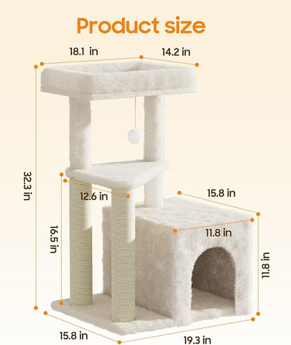 Cat Tree Tower for Indoor Cats, 33 Inches Multi-Level Cat Condo with Scratching Posts, Large Perch, Hanging Toy for Large Adult Cats, Beige