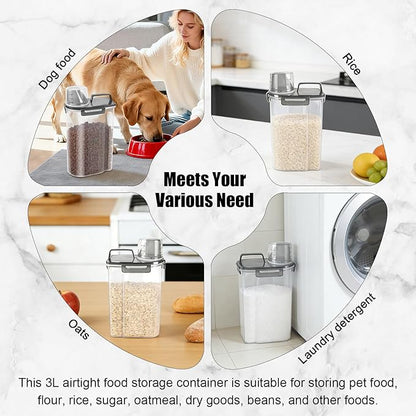3-5Lbs/3Qt Dog Cat Food Storage Container With Foldable Bowl. Plastic Pet Food Dispenser for Small Animal Kibble/Pet Food/Bird Seed/Oatmeal/Rice/Flour/Brown Sugart/Cereals (Clear Black)