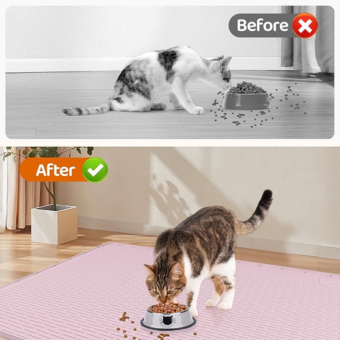 Cat Food Mat, 34" x 22" Large Silicone Pet Feeding Mat for Food and Water Bowls Non-Slip, Easy to Clean (Pink)