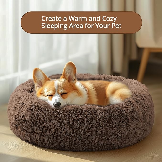 JOLLYVOGUE Calming Dog Beds Large Sized Dog, 36in Donut Washable Large Pet Bed, Anti-Slip & Anti-Anxiety Fluffy Faux Fur Round Dogs Bed, Fits up to 80 lbs Pets (Coffee)
