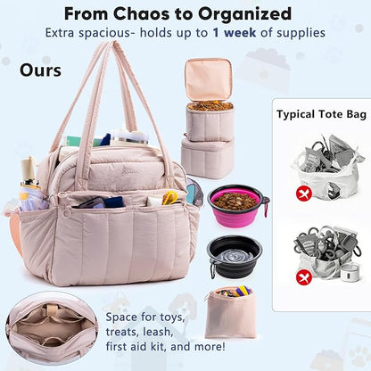 Dog Travel Bag for Supplies, Airline Approved Pet Travel Organizer with 2 Food Containers & Collapsible Bowls, Large Capacity Dogs Tote Bag for Weekend, Stylish Dog Mom Gift for Pet Lovers