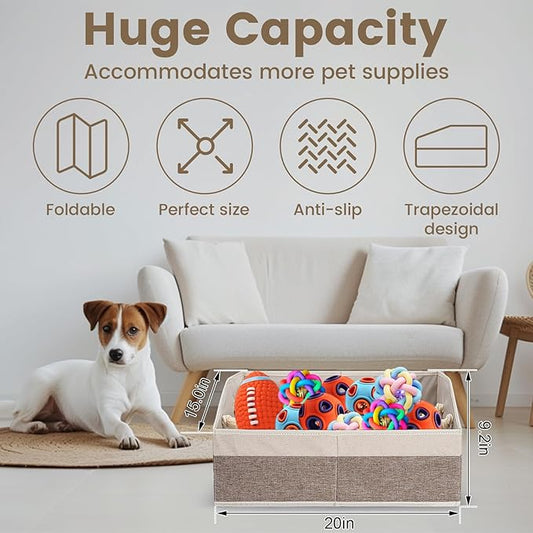 Large Dog Toy Basket With Handle, Foldable Dog Toy Box for Living Room Area, 20" Basket for Dog's Toys, Clothes, Organizers and Storage with Hard Board, Anti-slip for Pet Toys (Brown, Medium)