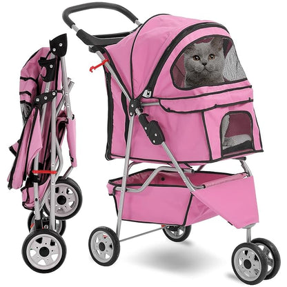 HCY Folding Dog Stroller, 3 Wheels Pet Strollers Pet Gear for Small Medium Cats Dogs Puppy with Storage Basket, Cup Holder,Lightweight-Pink, 35.04inchx 17.32inchx 38.58inch
