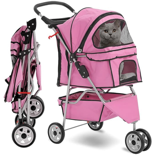 HCY Folding Dog Stroller, 3 Wheels Pet Strollers Pet Gear for Small Medium Cats Dogs Puppy with Storage Basket, Cup Holder,Lightweight-Pink, 35.04inchx 17.32inchx 38.58inch