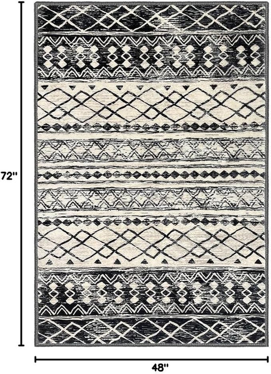 KUTA 4x6 Rug Boho Rugs for Living Room, Moroccan Washable Kitchen Rug Non Slip, Black Navy Blue Ultra Soft Print Geometric Entry Low-Pile Throw Carpet for Bedroom Nursery Dorm Decor