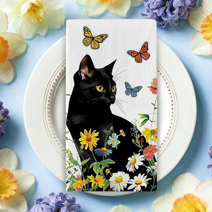 Spring Summer Black Cat Floral Kitchen Dish Towels Set of 2, Daisy Flower Butterfly Drying Hand Towel Baking Cooking Cloth, Wildflower Bathroom Home Decoration Pet Cat Owner Lover Gift 18''x26''