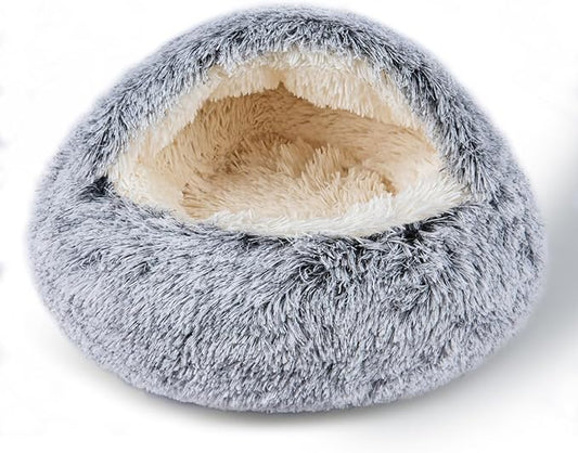 Cat Bed for Indoor Cats, Calming Cozy Cave with Self-Warming Plush, Entire Bed Machine Washable & Anti-Slip Base, Breathable Pet Bed for Small Cats&Dogs All Seasons (Grey, 22 * 22inch)