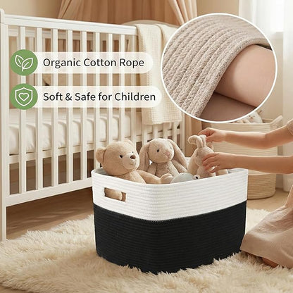 Woven Blanket Basket,96L Large Storage Bin for Blankets Toys Clothes,Decorative Rope Basket for Living Room Bedroom with Handles, White&Black