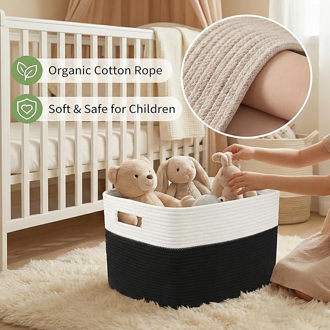 Woven Blanket Basket,65L Large Storage Bin for Blankets Toys Clothes,Decorative Rope Basket for Living Room Bedroom with Handles, White&Black
