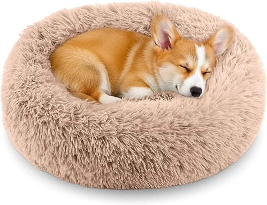 Calming Anti-Anxiety Donuts Dog And Cat Bed, Round Fluffy Soft Washable Small Medium Pet Bed For Puppy & Kitten, Cuddler Warming Comfortable Cushion, Luxury Anti-Slip Waterproof Mute Base 24in (Camel)
