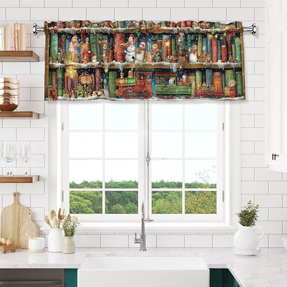 Worltoldb Christmas Bookshelf Curtain Valance Short Rod Pocket Window Treatment for Living Room Bedroom Kitchen Bathroom 1 Panel 54" W x 18" L