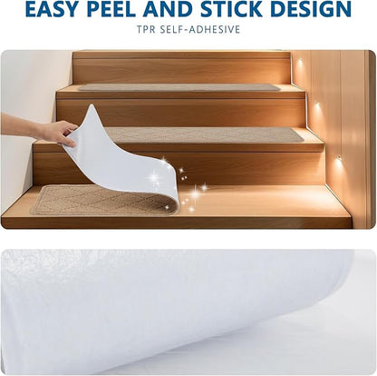 Stair Treads for Wooden Steps Indoor, 7 Pack 8" X 30" Non Slip Carpet Stair Treads with Reusable Adhesive for Kids Elders and Dogs, Surface Polyester TPR Backing Stair Rugs, Beige
