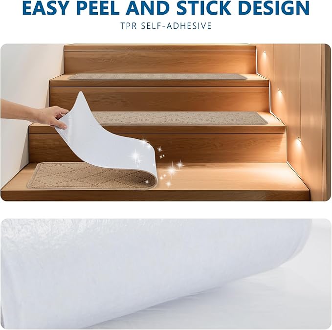 Stair Treads for Wooden Steps Indoor, 15 Pack 8" X 30" Non Slip Carpet Stair Treads with Reusable Adhesive for Kids Elders and Dogs, Surface Polyester TPR Backing Stair Rugs, Beige
