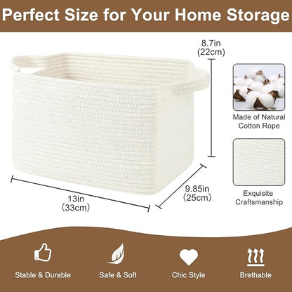Storage Basket for Organizing, Woven Baskets for Storage, Rectangle Decorative Baskets for Shleves, Closet, Toys, Books, Nursery Organizer Bins - Pack of 3 (White, 13"x9.85"x8.7")