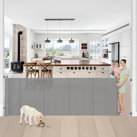 Reinforced 42” Tall x 100” Wide Retractable Baby Gates Extra Tall Dog Gate with Rods to Prevent Crawling Through, Pet Gate for Large Openings Extra Wide Mesh Baby Gate for Stairs, Gray