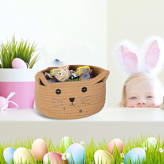 Zopeal Cat Basket Storage Woven Organizer with Ears Easter Decorative Pet Toy Cute Cotton Rope Basket for Gift Cat Dog Toy Bin Nursery Room(8.3 x 4.7 Inch,Khaki)