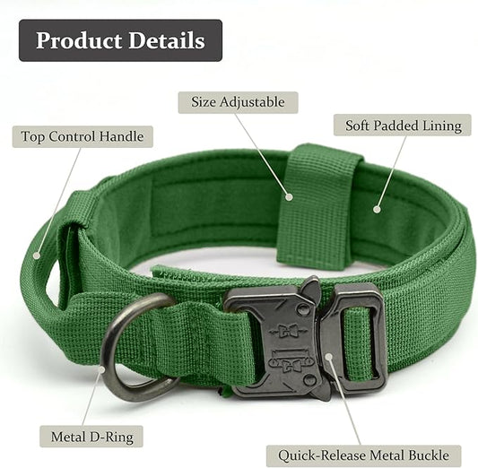 Tactical Dog Collar, Adjustable Military Training Nylon Dog Collar with Control Handle and Heavy Quick-Release Metal Buckle for Small Medium Large Dogs, Emerald Green L