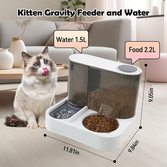 Automatic Gravity Cat Feeder with Stainless Steel Food Bowl, 2 in 1 Cat Feeder and Water Dispenser Combo Detachable Pet Water and Food Dispenser Set for Puppy Kitten Small Dog(Gray)