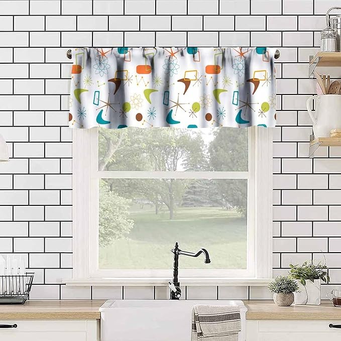 Mid Century Window Valance Curtains, Retro Atomic Starburst Vintage Modern Abstract Geometric Pattern 50s 60s Curtain Valance for Bedroom Living Room Kitchen 54x18inch