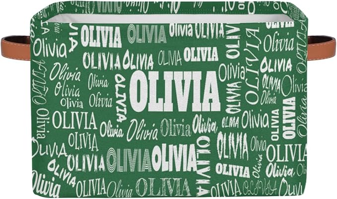 Personalized Name Storage Basket with Handles, Canvas Storage Bins Toys Clothes Organizer for Bedroom, Kitchen, Bathroom, Nursery, Shelves, Closets, Deep Green Color Background