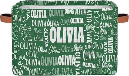 Personalized Name Storage Basket with Handles, Canvas Storage Bins Toys Clothes Organizer for Bedroom, Kitchen, Bathroom, Nursery, Shelves, Closets, Deep Green Color Background