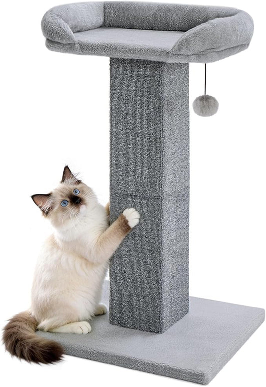 Made4Pets Cat Scratching Post with Bed, 32'' Modern Cat Scratcher with Top Plush Cat Bed, Tall Cat Scratch Post for Indoor Cats, Heavy-Duty Carpet Scratching Post with Hanging Ball Toy, Grey