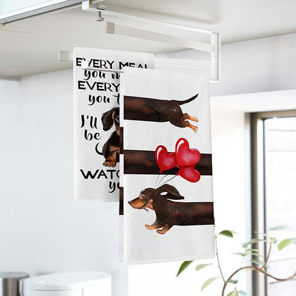 Dachshund Dog Kitchen Dish Towels Set of 2, Love Hearts Balloons Drying Hand Towel Baking Cooking Cloth, Home Decoration Pet Lover Gifts 18 x 26 Inches