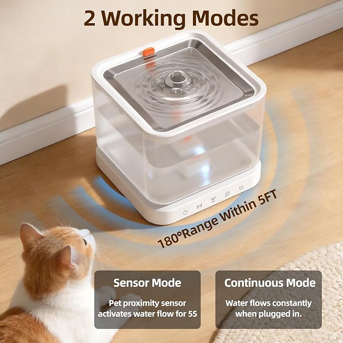 Wireless Cat Water Fountain,Cat Water Fountain 3L/101oz Large Capacity Battery Operated Pet Water Fountain Indoor with Motion Sensor for Cats Dogs BPA-Free