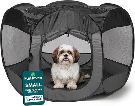 FurHaven Portable Pet Playpen for Dogs & Cats - Foldable Indoor Kitten Playpen with Mesh Sides, Pop Up Travel Dog Pen, Small, Gray
