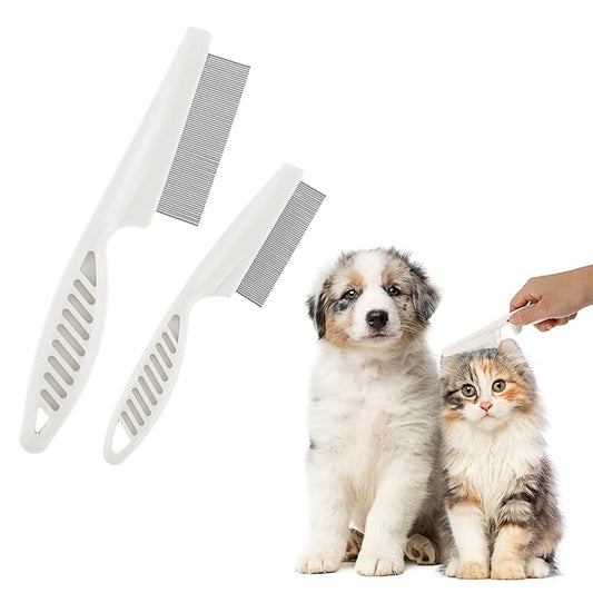 TIESOME 2PCS Stainless Steel Flea Comb for Dogs Cats, Tear Stain Remover Promotes Hair Growth Removes Loose Hair Fleas Dual-Size Grooming Brush for All Breeds(White)