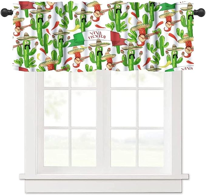 Mexican Style Valances Curtain for Kitchen, Funny Peppers Cactus Playing Maracas Guitar Pattern Window Treatment Valances Short Curtains Rod Pocket Drape for Dining Room Home Decor, 54x18inch