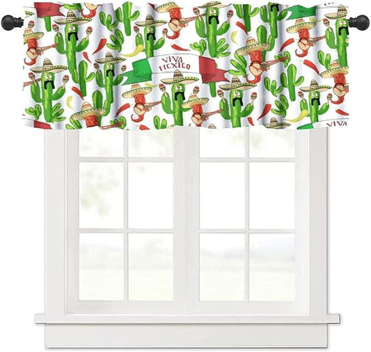 Mexican Style Valances Curtain for Kitchen, Funny Peppers Cactus Playing Maracas Guitar Pattern Window Treatment Valances Short Curtains Rod Pocket Drape for Dining Room Home Decor, 54x18inch