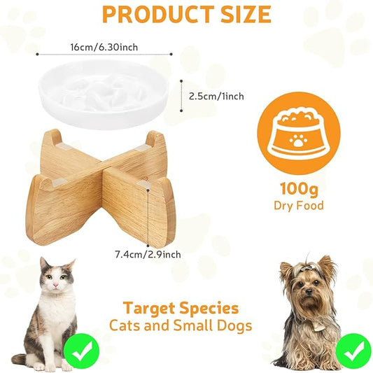 Raised Slow Feeder Cat Bowl with Stand, 6.3'' Wide Ceramic Elevated Shallow Slow Eating Cat Bowl for Dry/Wet Food, Anti-Vomiting Pet Puzzle Feeder, Whisker Friendly, Dishwasher Safe (White)