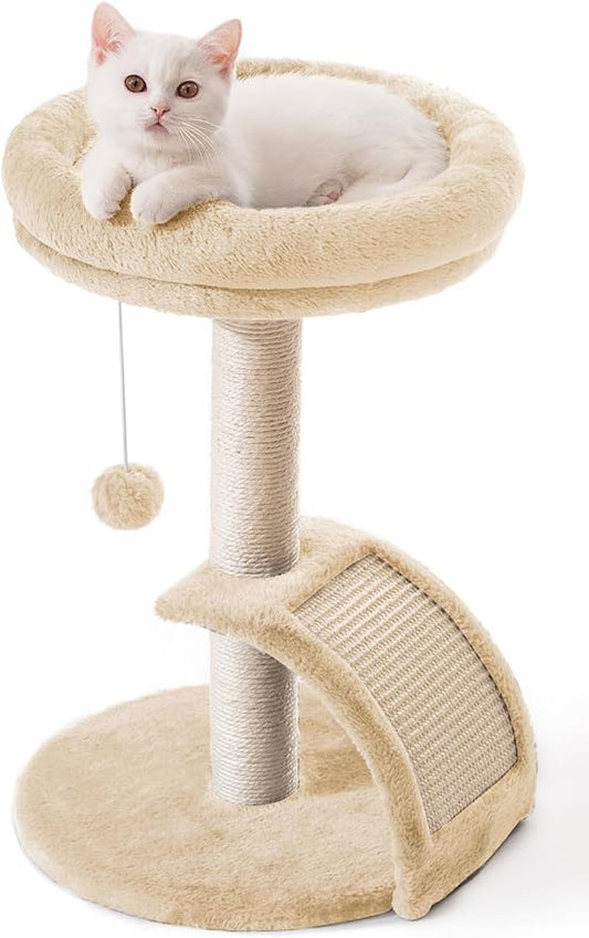 Goozii Cat Scratching Post Tower for Indoor Cats, Small Cat Tree Tower with Bed and Hanging Ball Toys, Short Modern Carpet Kitten Scratcher Stand with Large Round Perch and Scratch Ramp (Beige)
