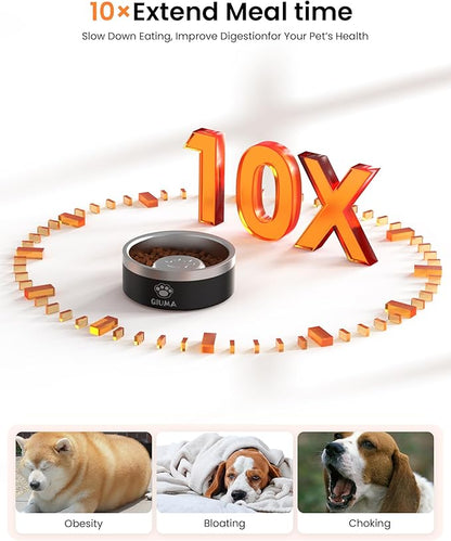 Slow Feeder Dog Bowls Stainless Steel, Food-Grade 304 Dog Slow Feeder Bowl 2 Cups Capacity, Heavy Duty Double-Layer with Non-Slip Base, Pet Puzzle Bowl for Small & Medium Dogs (Black)