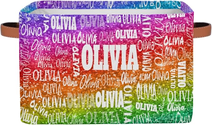 Custom Name Storage Bin, Personalized Rectangular Storage Basket with Handles for Organizing Boys Girls Toys Office Closet Shelf Baskets, Bright Colorful Rainbow Red Green Purple Sequins Glitter