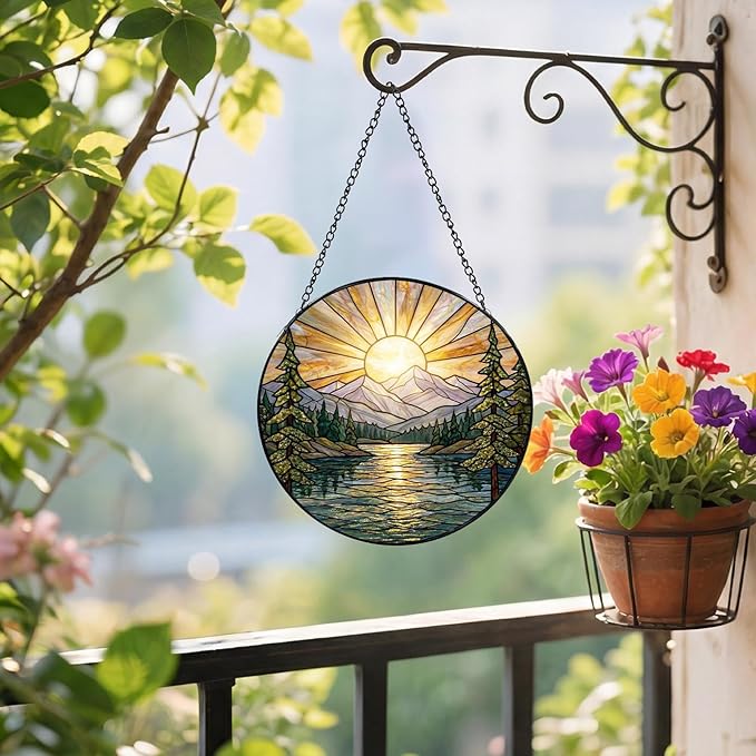 Sanwarm Stained Glass Window Hanging, Mountain Sunrise Lake Suncatcher Window Decor for Indoor Home Sun Catcher Ornament, Mother’s Day & Birthday Gift for Women, Men, Mom & Nana, 7.8 in