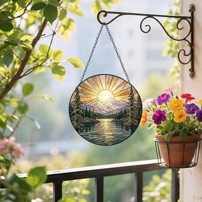 Sanwarm Stained Glass Window Hanging, Mountain Sunrise Lake Suncatcher Window Decor for Indoor Home Sun Catcher Ornament, Mother’s Day & Birthday Gift for Women, Men, Mom & Nana, 7.8 in