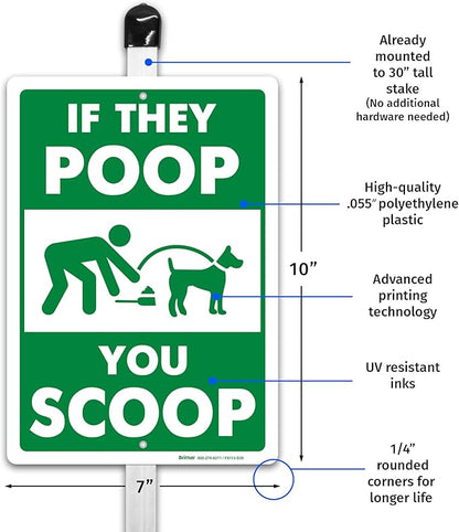 Brimar - If They Poop You Scoop Yard Sign 7" x 10" Plastic w/ 30" stake - Polyethylene Plastic Mounted to Aluminum Stake - Easy Installation
