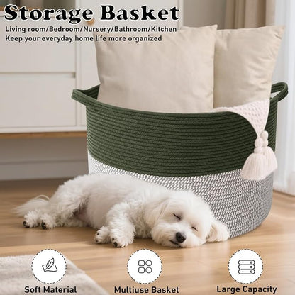 90L Large Blanket Basket,21.7"L x 21.7"W x 13.8"H Rope Woven Baskets with Handles, Toys Storage Bins,Laundry Basket Perfect for Living Room, Nursery,Bedroom,Home Organization,Green&White