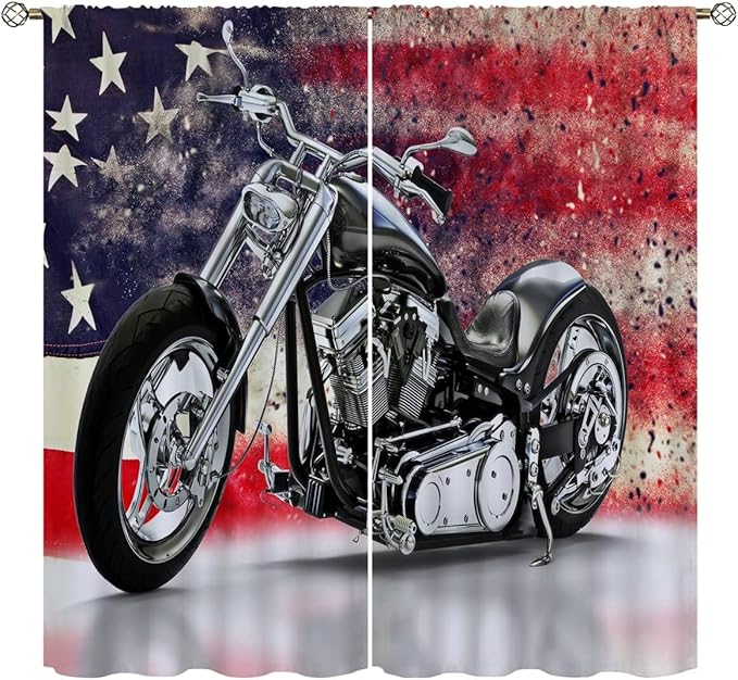 Motorcycle Blackout Curtains for Home Decor,custom black motorcycle american flag background Rod Pocket Thermal Insulated Drapes Darkening Window Curtain for Girls Boy Bedroom Living Room 55 x 63 Inch