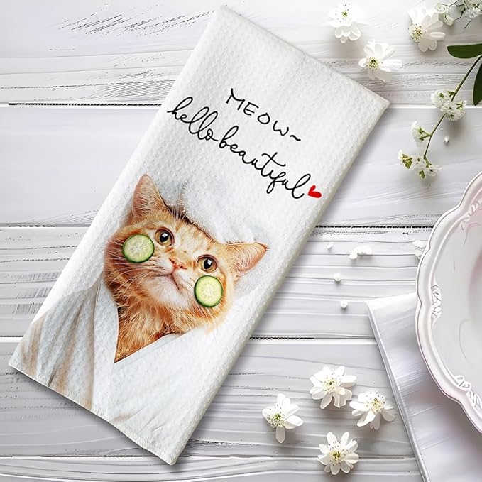 Cat Kitchen Towels - Quick-Dry Funny Bathroom Hand Towels with Cucumber Mask Feline Art, Decorative Dish Towel for Self-Care Enthusiasts & Pet Moms | Home Accent & Crazy Cat Lady Gifts
