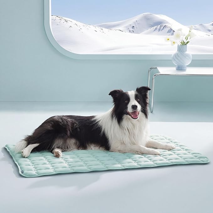 Bedsure Cooling Dog Mat Extra Large, Q-Max>0.5 XXLThin Breathable Cold Crate Pad for Pet, Portable Washable Kennel Bed for Summer Active Dog with Chill Soothing Fabric to Rapid Cooling, 48x30, Green