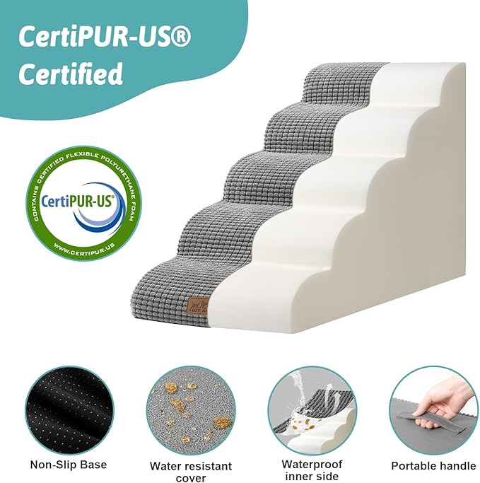 Dog Stairs for High Bed 22.6" H, Small Dog Step for Puppy, Older or Cat, Curved Ramp for Car, Ladder with High Density Foam, Lightweight, Durable, 15.7x33x22.6 inch, 5 Step, Dark Grey