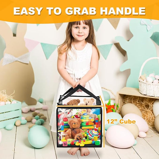 4 Pack Clear Toy Storage Bin with Lids - 12" x 12" Storage Cube Bin Foldable PVC Boxes with Handles, Storage Organizers for Toys, Clothes, Blocks, Stuffed Animal Storage(Black)